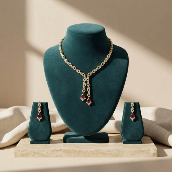 Gold Plated American Diamond Maroon Stone Necklace