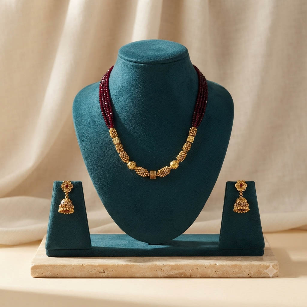 Gold Plated Maroon Crystal Necklace