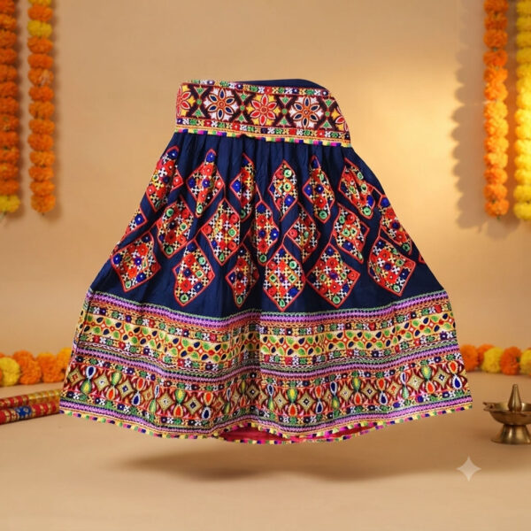 Navaratri Traditional Blue Diamond Shaped Ghagra With Choli And Dupatta