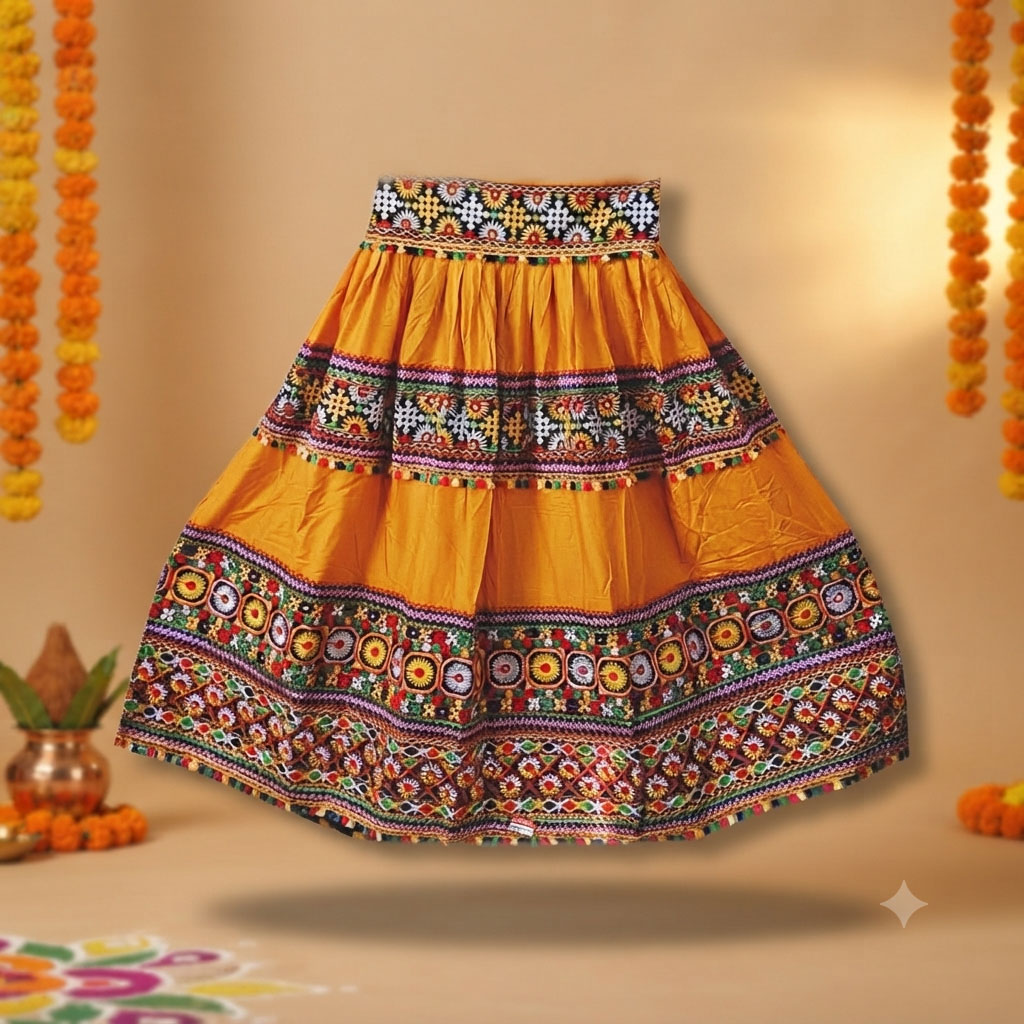 Navaratri Traditional Golden Yellow Patti Embroidered Ghagra With Choli And Dupatta