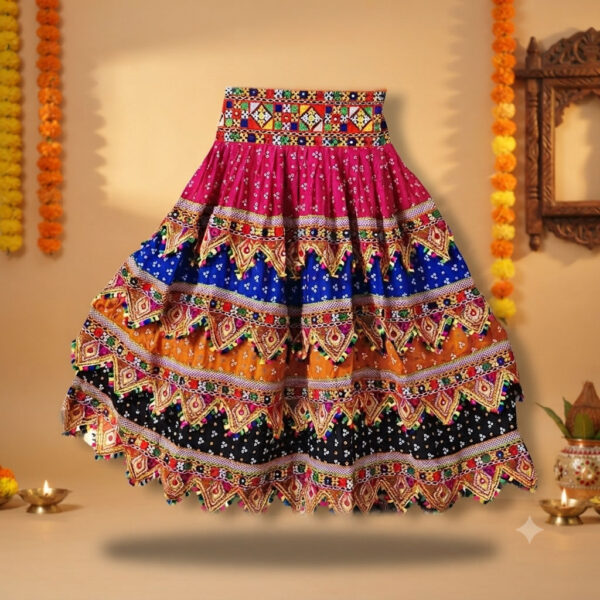 Navaratri Traditional Multicolor Multi-Layer Embroidered Ghagra With Choli And Dupatta