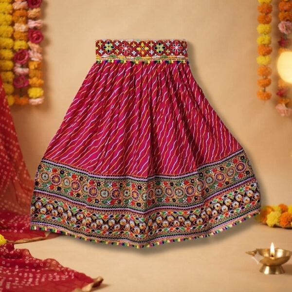 Navaratri Traditional Pink Leheriya Patterned Embroidered Ghagra With Choli And Dupatta