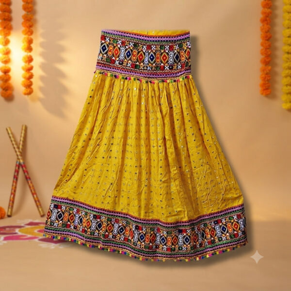 Navaratri Traditional Yellow Mirror Work Embroidered Ghagra With Choli And Dupatta