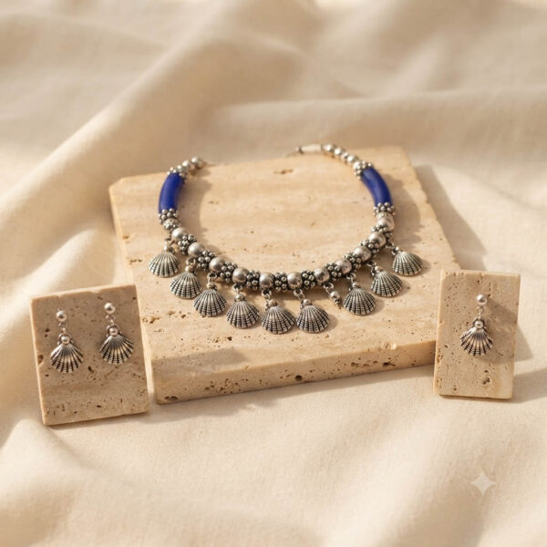Oxidized Blue Shell Choker Necklace