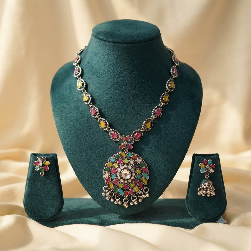 Oxidized Multicolor Jhumka Necklace