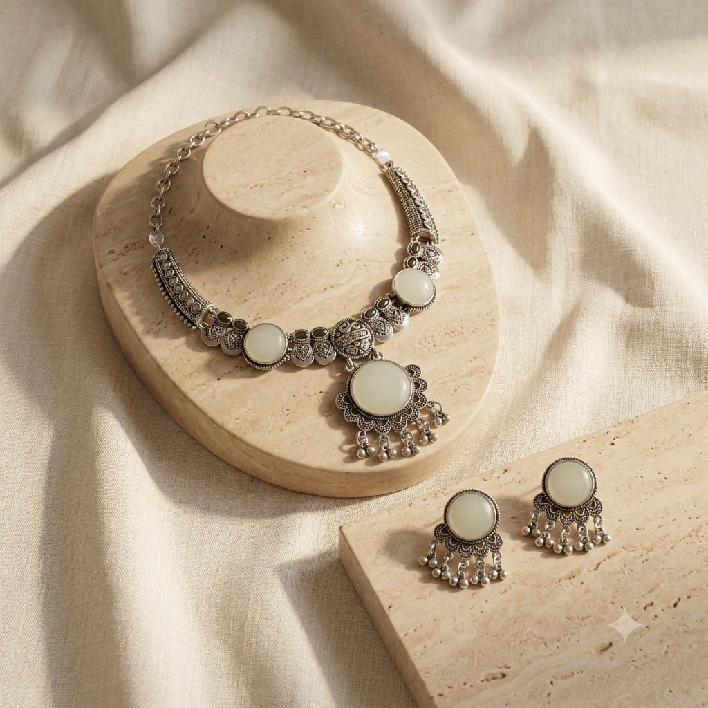 Oxidized White Stone Necklace