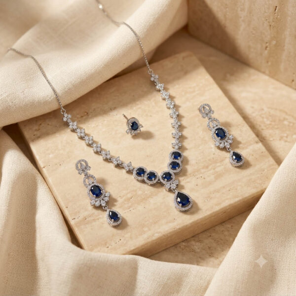 Silver Plated American Diamond Blue Stone Necklace